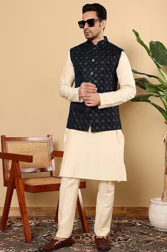 Black velvet embroidered kurta pajama and nehru jacket for mens