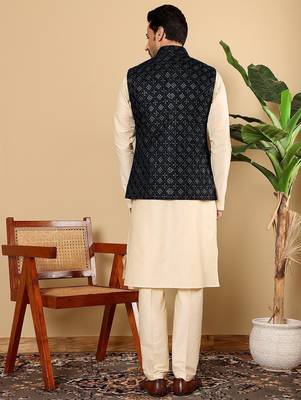Black velvet embroidered kurta pajama and nehru jacket for mens 5