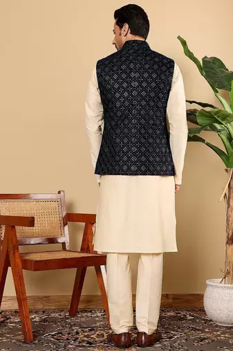 Black velvet embroidered kurta pajama and nehru jacket for mens