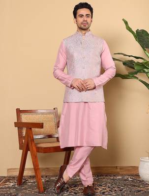Pink viscose embroidered kurta pajama and nehru jacket for mens 1