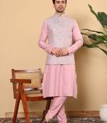 Pink viscose embroidered kurta pajama and nehru jacket for mens