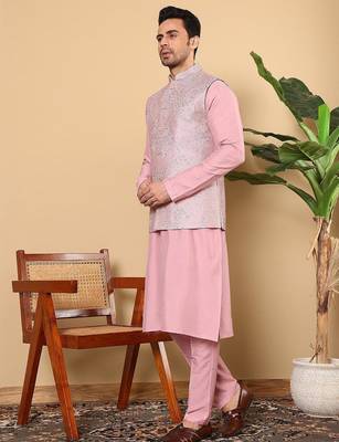 Pink viscose embroidered kurta pajama and nehru jacket for mens 2