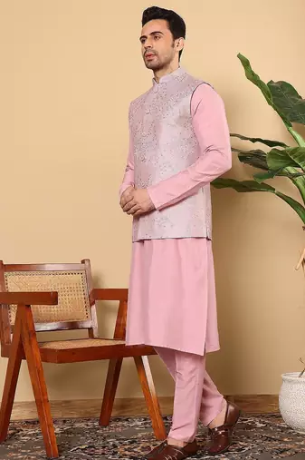 Pink viscose embroidered kurta pajama and nehru jacket for mens