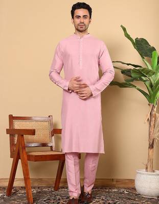 Pink viscose embroidered kurta pajama and nehru jacket for mens 3