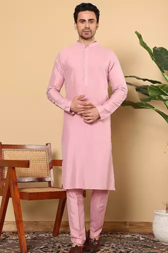 Pink viscose embroidered kurta pajama and nehru jacket for mens