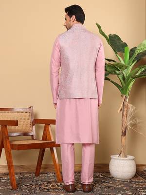 Pink viscose embroidered kurta pajama and nehru jacket for mens 4