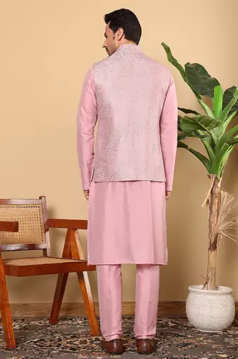 Pink viscose embroidered kurta pajama and nehru jacket for mens