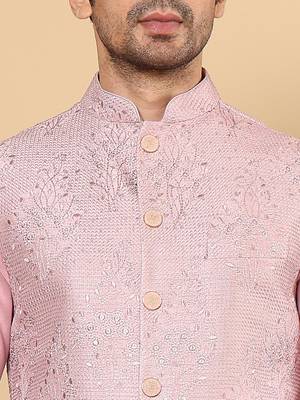 Pink viscose embroidered kurta pajama and nehru jacket for mens 5
