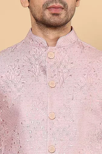 Pink viscose embroidered kurta pajama and nehru jacket for mens