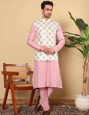 White viscose embroidered kurta pajama and nehru jacket for mens 1