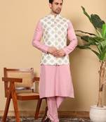 White viscose embroidered kurta pajama and nehru jacket for mens