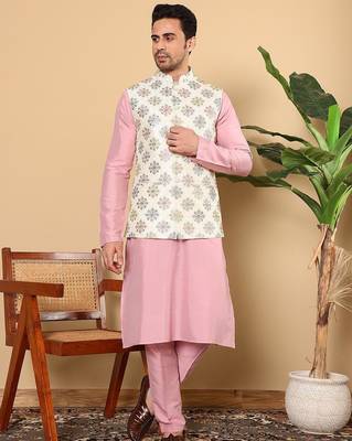 White viscose embroidered kurta pajama and nehru jacket for mens 2