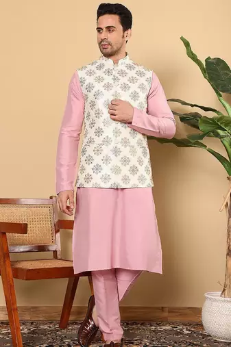 White viscose embroidered kurta pajama and nehru jacket for mens