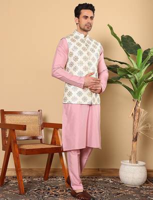 White viscose embroidered kurta pajama and nehru jacket for mens 3