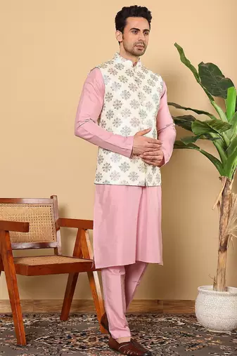 White viscose embroidered kurta pajama and nehru jacket for mens