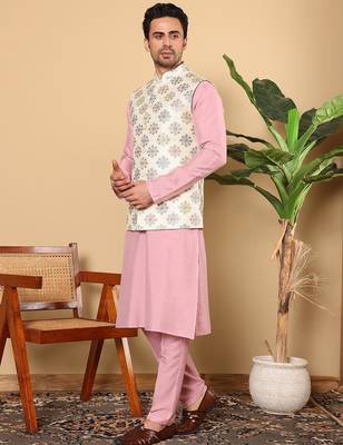 White viscose embroidered kurta pajama and nehru jacket for mens 4