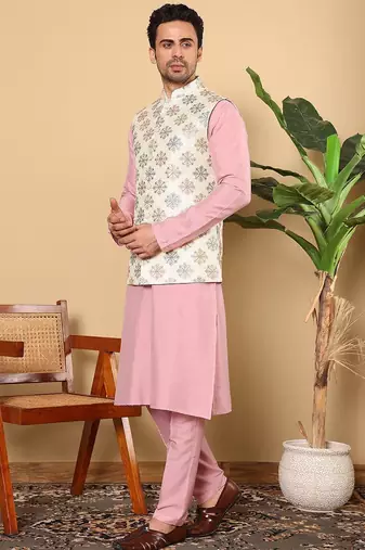 White viscose embroidered kurta pajama and nehru jacket for mens