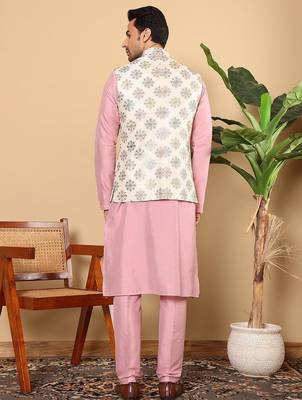 White viscose embroidered kurta pajama and nehru jacket for mens 5