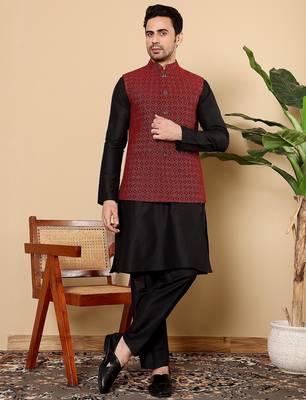 Red silk embroidered kurta pajama and nehru jacket for mens 1