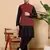 Red silk embroidered kurta pajama and nehru jacket for mens
