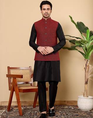 Red silk embroidered kurta pajama and nehru jacket for mens 2