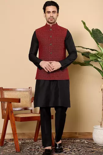 Red silk embroidered kurta pajama and nehru jacket for mens