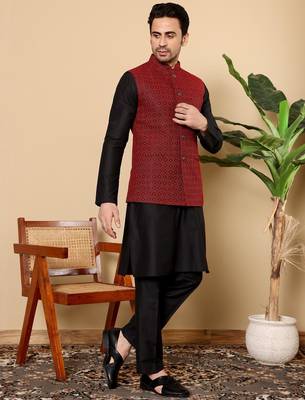 Red silk embroidered kurta pajama and nehru jacket for mens 3