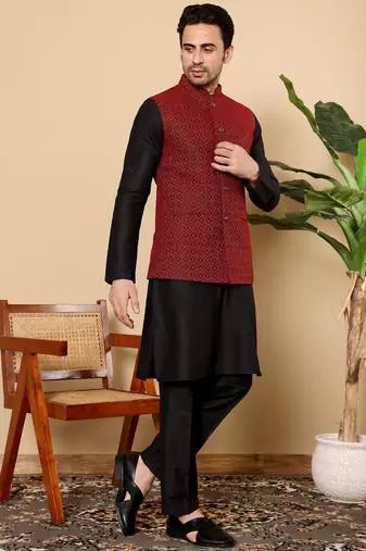 Red silk embroidered kurta pajama and nehru jacket for mens