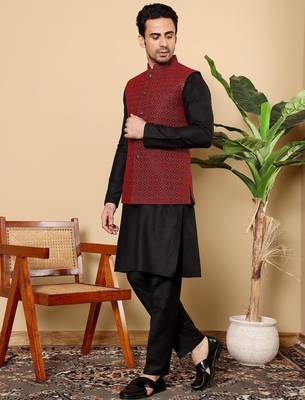 Red silk embroidered kurta pajama and nehru jacket for mens 4