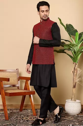 Red silk embroidered kurta pajama and nehru jacket for mens