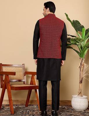 Red silk embroidered kurta pajama and nehru jacket for mens 5