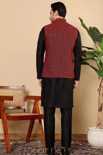 Red silk embroidered kurta pajama and nehru jacket for mens