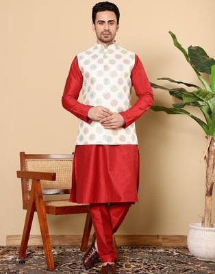 White viscose embroidered kurta pajama and nehru jacket for mens 1