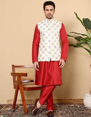 White viscose embroidered kurta pajama and nehru jacket for mens 2
