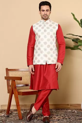 White viscose embroidered kurta pajama and nehru jacket for mens