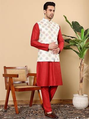 White viscose embroidered kurta pajama and nehru jacket for mens 3