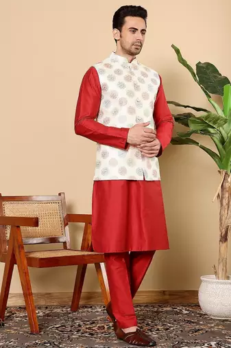 White viscose embroidered kurta pajama and nehru jacket for mens