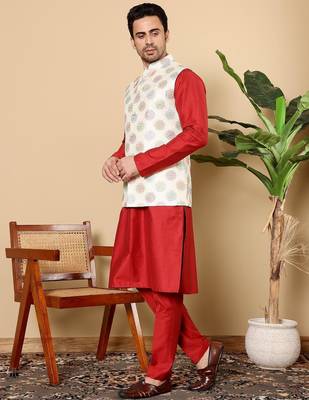 White viscose embroidered kurta pajama and nehru jacket for mens 4