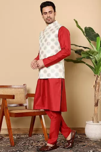 White viscose embroidered kurta pajama and nehru jacket for mens