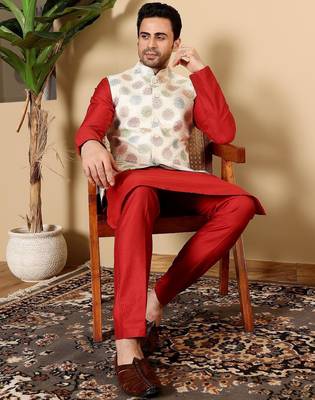 White viscose embroidered kurta pajama and nehru jacket for mens 5