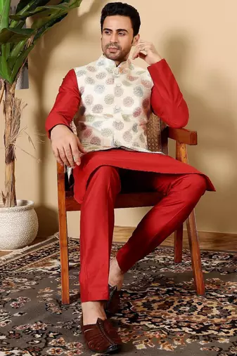 White viscose embroidered kurta pajama and nehru jacket for mens