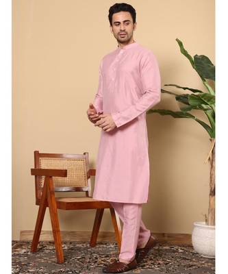 Pink viscose embroidered kurta pajama for mens 1