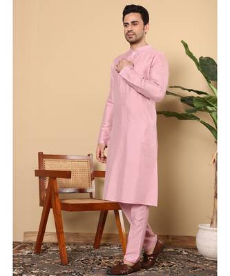 Pink viscose embroidered kurta pajama for mens 3