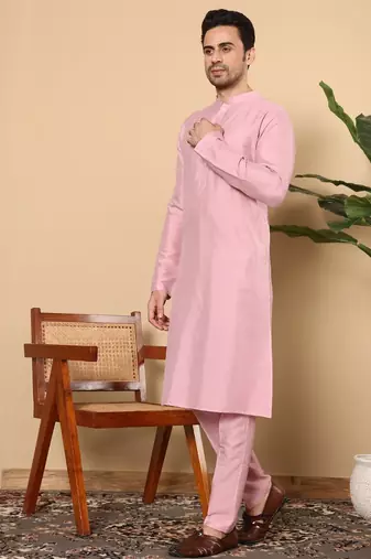 Pink viscose embroidered kurta pajama for mens