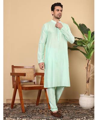 Green viscose embroidered kurta pajama for mens 1