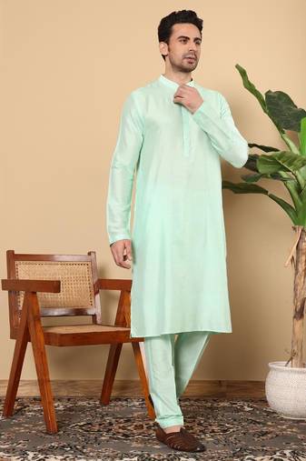 Green viscose embroidered kurta pajama for mens