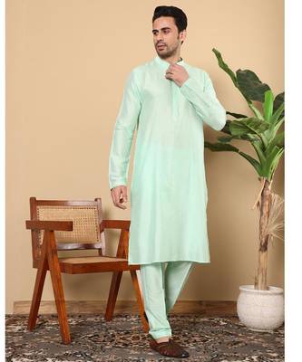 Green viscose embroidered kurta pajama for mens 2