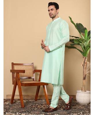 Green viscose embroidered kurta pajama for mens 3