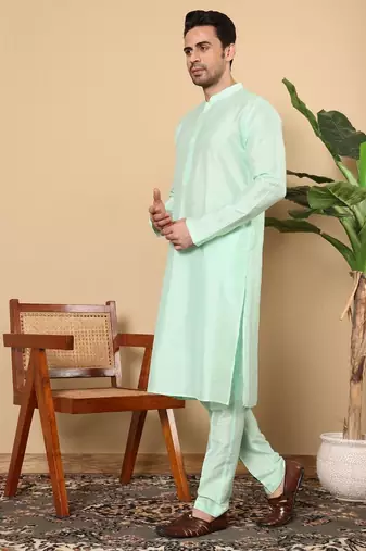 Green viscose embroidered kurta pajama for mens