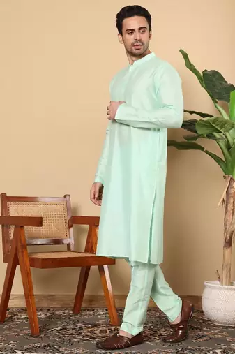 Green viscose embroidered kurta pajama for mens